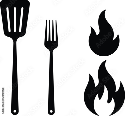 Cooking icons, kitchen tools, spatula silhouette, fork vector, flame symbol, grilling utensils, heat icon, BBQ design, culinary elements, fire graphic, black si 