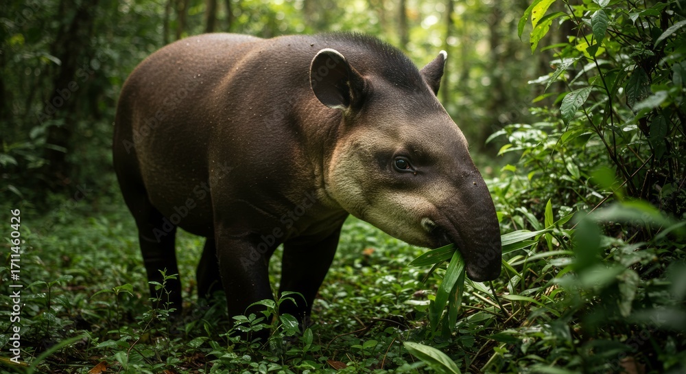 Fototapeta premium Solitary tapir foraging amidst lush rainforest foliage, exhibiting natural grace