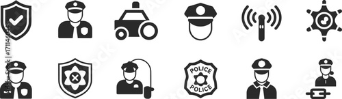Police icons, law enforcement symbols, officer badge, patrol car, security shield, dispatch radio, surveillance, uniformed personnel, sheriff star, administrative role, verified protection