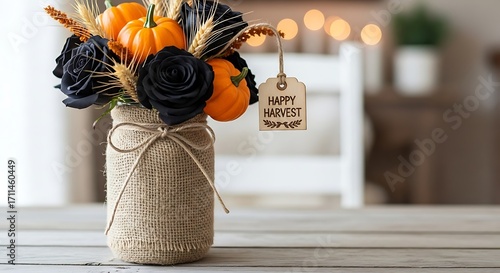 Autumnal arrangement with pumpkins and black roses in a burlap vase for a festive halloween or thanksgiving table centerpiece display