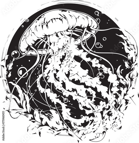 Mystical Underwater Reverie: An artistic monochromatic illustration of a jellyfish, its ethereal form gracefully suspended within the deep ocean, surrounded by subtle bubbles and marine flora.