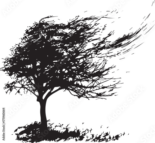 Whispering Tree: A captivating monochrome image showcases a resilient tree, its branches and leaves artfully swept by a gust of wind, creating a dynamic silhouette against the backdrop of nature.