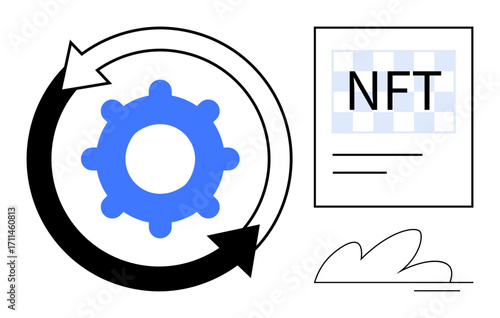 Gear inside circular arrows beside an NFT concept document. Ideal for blockchain, NFT process, innovation, technology, decentralization, workflow, automation. A simple flat metaphor