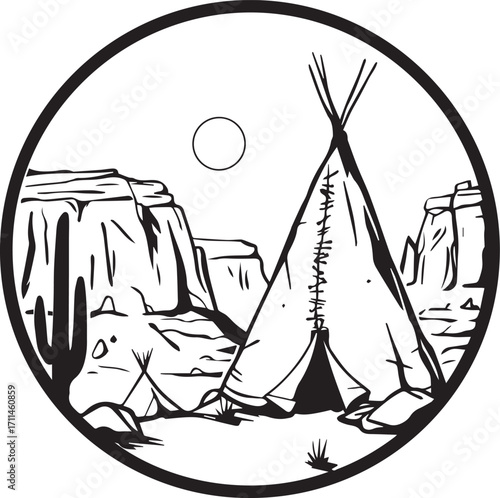 Desert Tipi: A black and white illustration of a native American tipi stands proudly against a backdrop of desert cliffs, embodying a rustic and cultural ambiance.