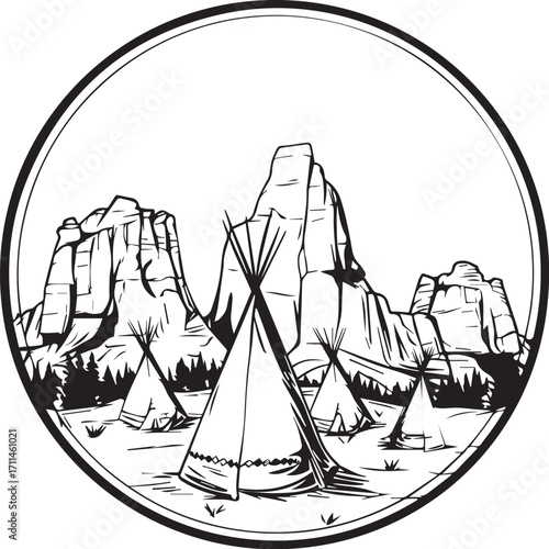 Native American Village: An illustrative view of a Native American village nestled beneath the majestic peaks of the mountain landscape, capturing a sense of heritage.