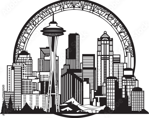 City Skyline: A monochrome rendering of a bustling urban cityscape, showcasing iconic architectural landmarks under a stylized bridge and mountainous backdrop.