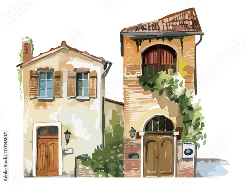 Charming European Streetscape with Colorful Homes and Lush Greenery. Watercolor Vector illustration