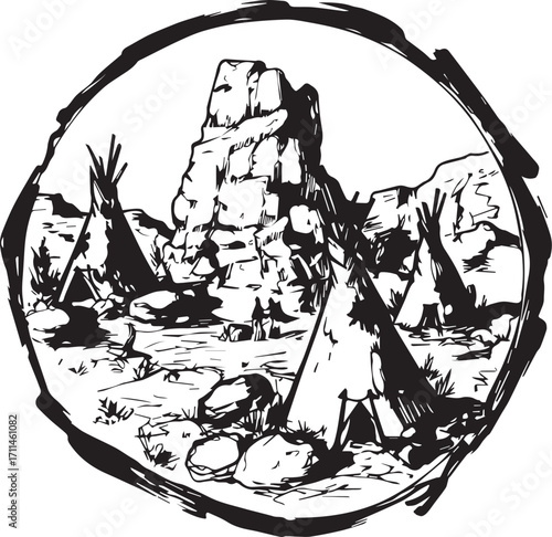 Campground Illustration: A detailed illustration presents a Native American campground with teepees nestled amid rocky terrain, capturing the essence of indigenous culture and outdoor exploration. 
