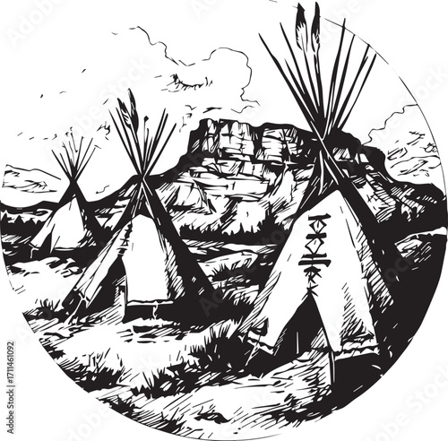 Native American village in mountain: A tranquil monochrome sketch presents a Native American village nestled against a backdrop of majestic mountains.