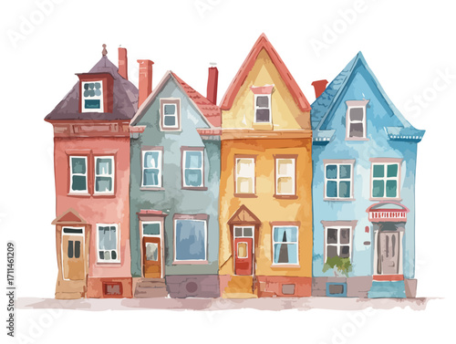 Colorful Row Of Houses With Unique Roof Designs In Soft Watercolor Style Vector illustration
