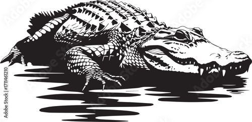 The Alligator: A meticulously detailed monochromatic rendering of an alligator, showcasing its formidable presence and primal beauty. A striking illustration perfect for themes of wildlife, nature.