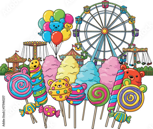 Colorful carnival treats and rides with balloons and ferris wheel