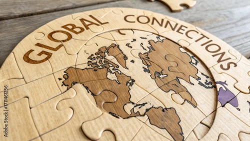 Wood puzzle piece design showcasing world map with text Global Connections for educational and creative use