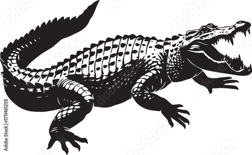 Powerful Alligator Illustration: A bold, monochromatic illustration captures the raw power of a large alligator with its jaws agape. showcasing its rugged skin texture and menacing gaze.