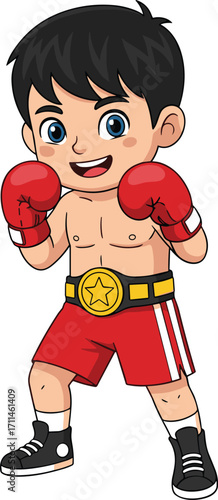 Cartoon boxer boy, fighting stance, championship belt, red gloves, sports outfit, energetic pose, isolated white background, children’s vector illustration, athletic theme