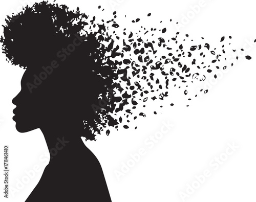 Silhouette's Echo: The artwork captures the essence of a silhouette portrait of a woman, where her hair transforms into a multitude of scattered particles.