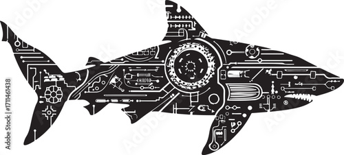 Cyber shark silhouette with digital circuit board patterns