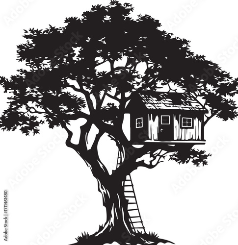 Treehouse Silhouette: A charming treehouse nestled in the sturdy branches of a grand tree, the black and white silhouette emphasizing the whimsical structure's intimate details