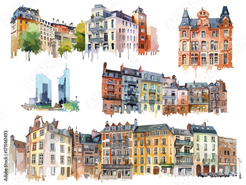 Colorful Urban Landscape Illustration Of Charming Historical Buildings With Trees. Watercolor Vector illustration set