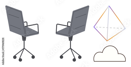 Two office swivel chairs face away, joined by a prism-thumbs up geometric structure and a soft cloud outline. Ideal for collaboration, workspace, technology, creativity, innovation, design