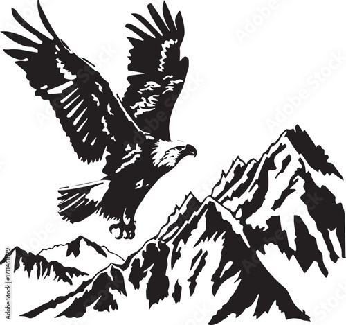 Majestic eagle soars over rugged mountain peaks
