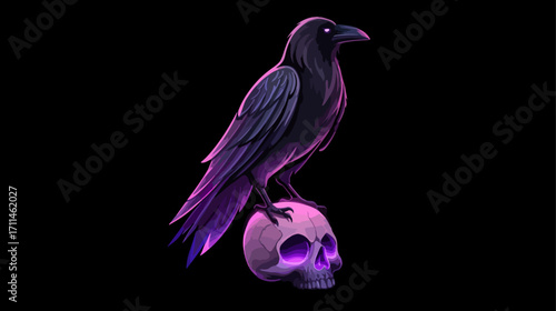 Raven perched on skull vibrant colors