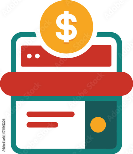 Simple illustration of a credit card with a dollar sign, indicating commerce or monetary transactions.