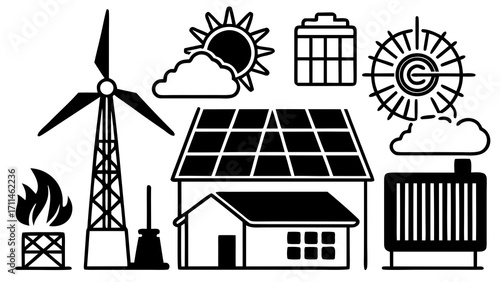 Illustration showing various energy sources including solar, wind, fire, and geothermal power generation created with generated ai