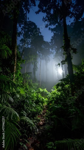 Eerie forest path illuminated by fog and light through the trees at night. Lush tropical vegetation surrounds a rocky trail in a dark jungle.