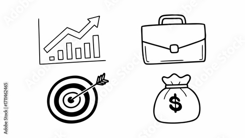 Hand drawn business elements showing growth chart briefcase target and money bag in black and white style created with generated ai