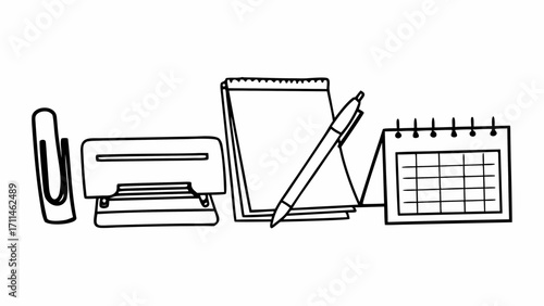 Outline drawing of a paper clip, stapler, notepad, pen, and calendar arranged on a white background created with generated ai