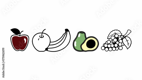 Illustration of a red apple, outlined apple, banana, avocado, and grapes in a row on a white background created with generated ai