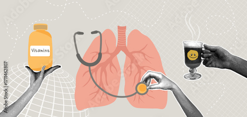 Trendy halftone collage. Healthy lungs and choosing a healthy lifestyle. Vitamins, hot herbal tea, and well-being. The concept of self-care and a healthy lifestyle.