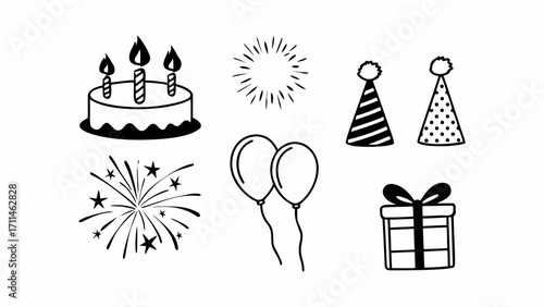 Illustration of a birthday cake with candles, balloons, gift, and party hats in black and white style created with generated ai