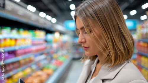 Wallpaper Mural Young woman grocery price comparison in supermarket aisle comparing items on smartphone while shopping and browsing packaged food produce Torontodigital.ca