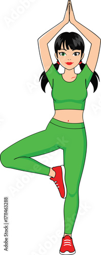 Cartoon girl doing yoga tree pose, green athletic outfit, red sneakers, peaceful expression, kids fitness illustration, healthy lifestyle concept, white background
