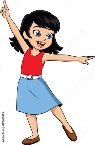 Cartoon girl dynamic pose, expressive child character, pointing gesture, energetic movement, isolated white background, cheerful vector illustration, playful kids concept