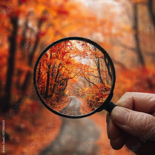 A hand holds a magnifying glass, which sharply focuses on a vibrant autumn path covered in fallen leaves. The surrounding forest is blurred, creating a beautiful contrast.