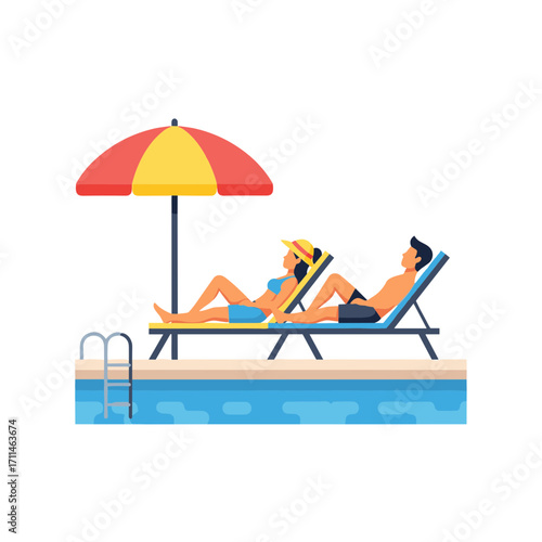 A man and a woman are relaxing on lounge chairs by a swimming pool under a red and yellow umbrella.