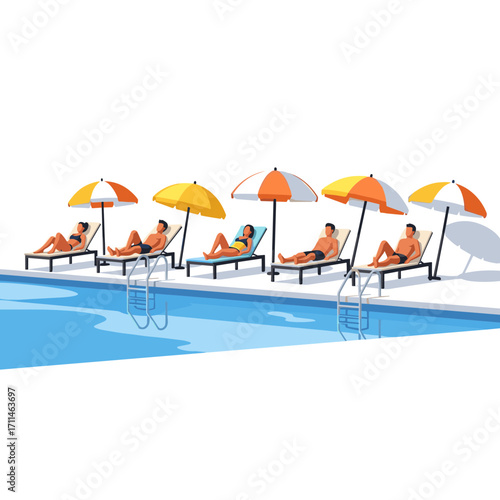 Several people are relaxing on lounge chairs by a pool under colorful umbrellas, enjoying the sun and leisure.