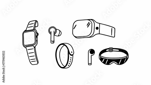 Illustration of wearable technology including smart watch earbuds fitness tracker and vr headset created with generated ai