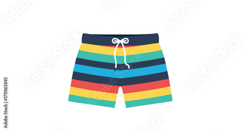 Colorful striped swim shorts for a fun beach day.