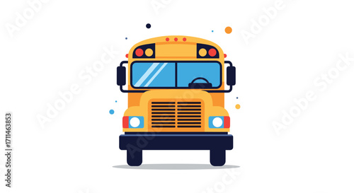 A bright yellow school bus drives down the road with colorful abstract shapes.