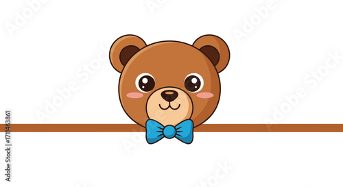 Cute teddy bear with a blue bow tie smiling adorably.