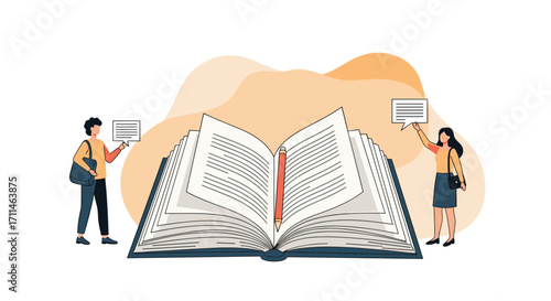 Open book with people discussing knowledge and learning.