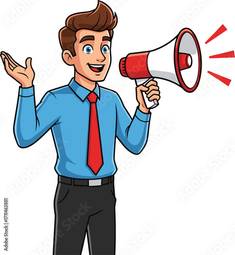 Cartoon man with megaphone, speaking gesture, public announcement, cheerful expression, communication concept, isolated white background, vector illustration, promotional character
