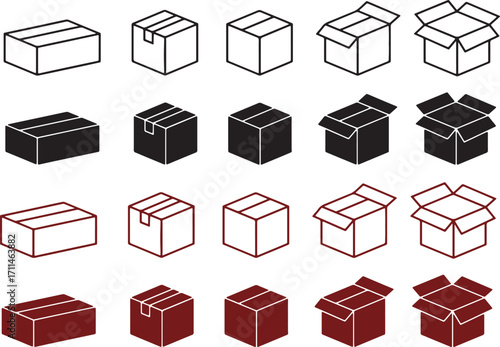 boxes, cardboard, packaging, shipping, delivery, storage, logistics, isometric, icons, outline, solid, black, red, maroon, open, closed, set, collection, illustration, graphic, design, element, object