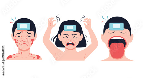 Illustration of three people with different symptoms of allergic reactions.