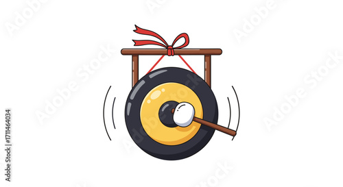 A wooden mallet strikes a circular gong producing resonant sound waves.