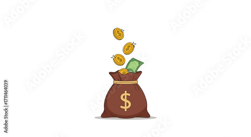 A sack full of money and coins is pouring into the bag.